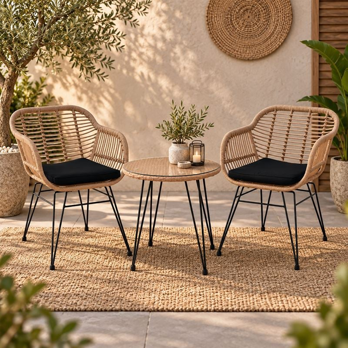 SALSA Set Κήπου: Τραπέζι + 2 Πολυθρόνες Μέταλλο Μαύρο, Wicker Φυσικό, Μαξιλάρι Μαύρο