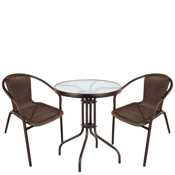 Σετ Τραπεζαρία Κήπου EARTH Καφέ Rattan/Γυαλί/Μέταλλο Με 2 Πολυθρόνες