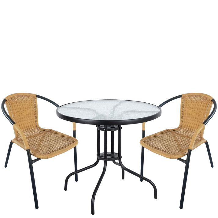 Σετ Τραπεζαρία Κήπου EARTH Μαύρο/Μπεζ Rattan/Γυαλί/Μέταλλο Με 2 Πολυθρόνες