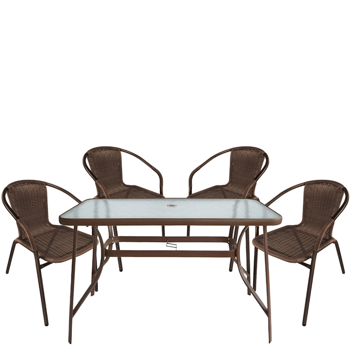 Σετ Τραπεζαρία Κήπου SUN Καφέ Rattan/Γυαλί/Μέταλλο Με 4 Πολυθρόνες