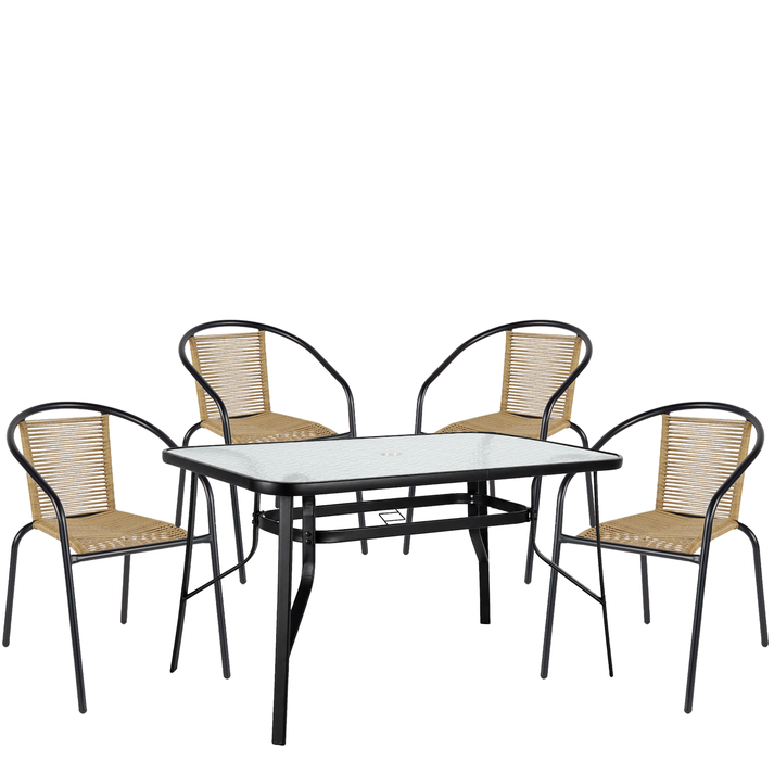 Σετ Τραπεζαρία Κήπου SUN Μαύρο/Φυσικό Rattan/Γυαλί/Μέταλλο Με 4 Πολυθρόνες