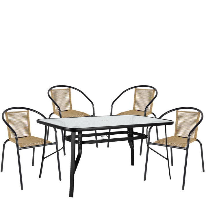 Σετ Τραπεζαρία Κήπου SUN Μαύρο/Φυσικό Rattan/Γυαλί/Μέταλλο Με 4 Πολυθρόνες