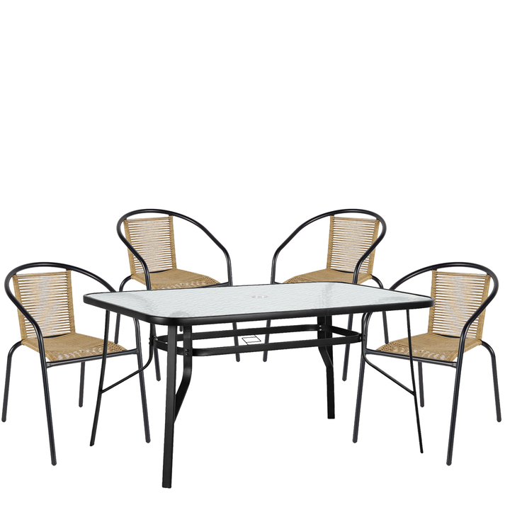 Σετ Τραπεζαρία Κήπου SUN Μαύρο/Φυσικό Rattan/Γυαλί/Μέταλλο Με 4 Πολυθρόνες