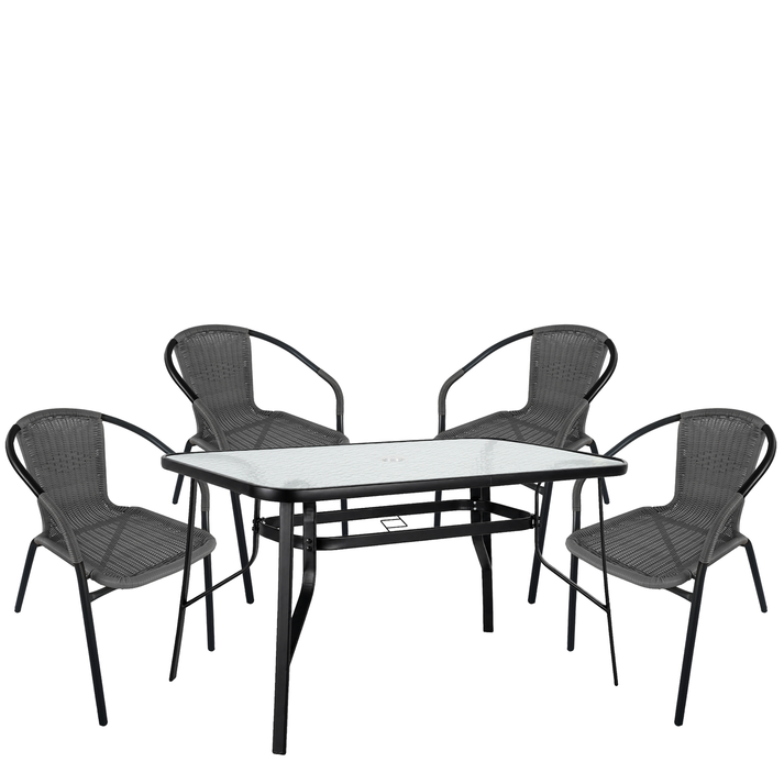 Σετ Τραπεζαρία Κήπου SUN Μαύρο/Γκρι Rattan/Γυαλί/Μέταλλο Με 4 Πολυθρόνες