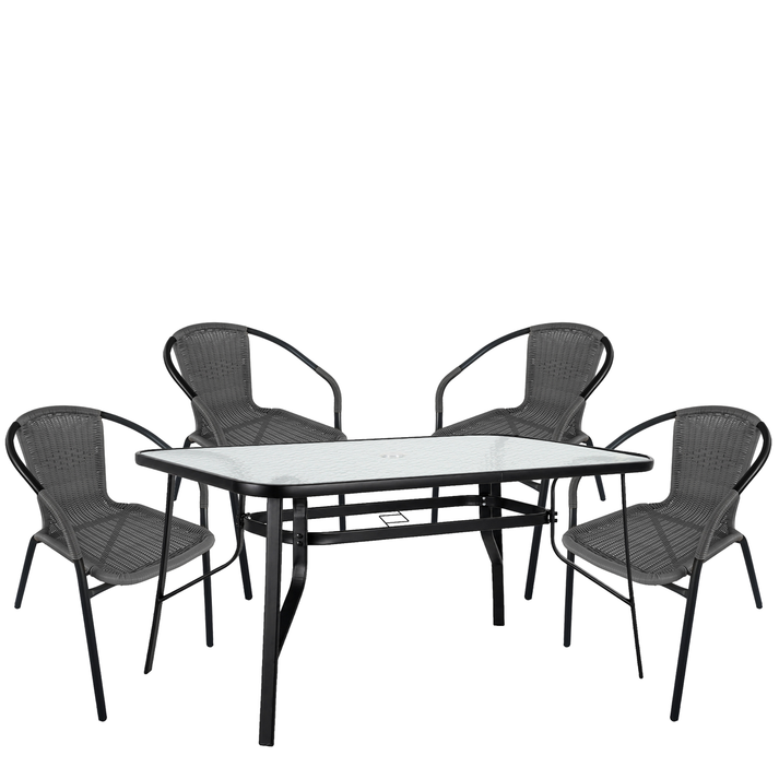 Σετ Τραπεζαρία Κήπου SUN Μαύρο/Γκρι Rattan/Γυαλί/Μέταλλο Με 4 Πολυθρόνες