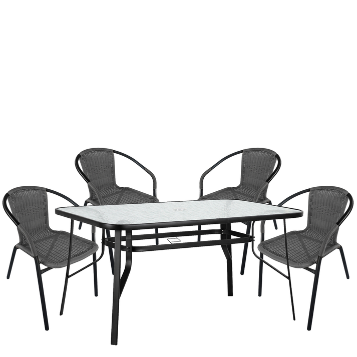 Σετ Τραπεζαρία Κήπου SUN Μαύρο/Γκρι Rattan/Γυαλί/Μέταλλο Με 4 Πολυθρόνες