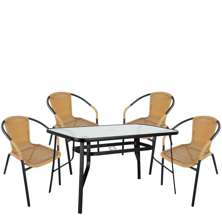 Σετ Τραπεζαρία Κήπου SUN Μαύρο/Μπεζ Rattan/Γυαλί/Μέταλλο Με 4 Πολυθρόνες