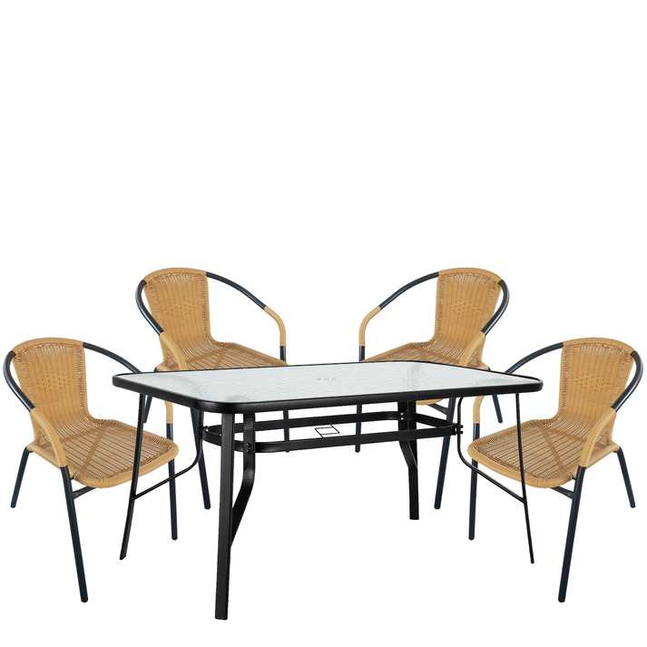 Σετ Τραπεζαρία Κήπου SUN Μαύρο/Μπεζ Rattan/Γυαλί/Μέταλλο Με 4 Πολυθρόνες