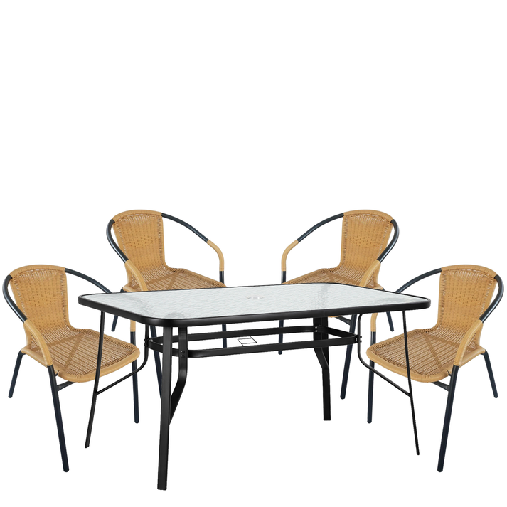 Σετ Τραπεζαρία Κήπου SUN Μαύρο/Μπεζ Rattan/Γυαλί/Μέταλλο Με 4 Πολυθρόνες