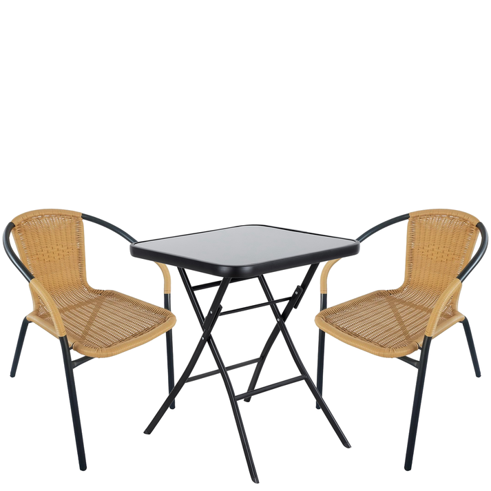Σετ Τραπεζαρία Κήπου TAURUS Μαύρο/Μπεζ Rattan/Γυαλί/Μέταλλο Με 2 Πολυθρόνες