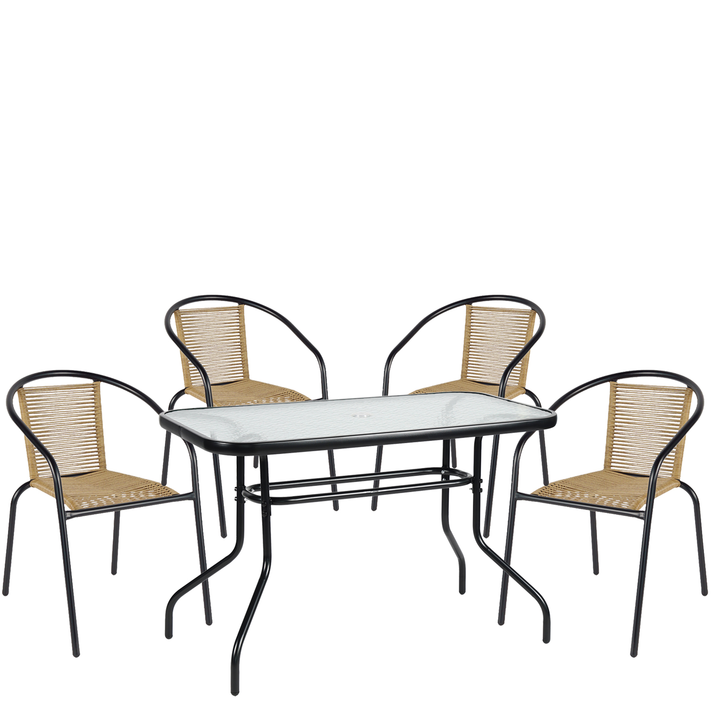 Σετ Τραπεζαρία Κήπου VULCAN Μαύρο/Φυσικό Rattan/Γυαλί/Μέταλλο Με 4 Πολυθρόνες