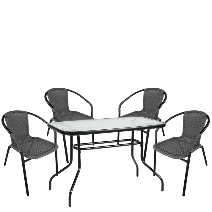 Σετ Τραπεζαρία Κήπου VULCAN Μαύρο/Γκρι Rattan/Γυαλί/Μέταλλο Με 4 Πολυθρόνες
