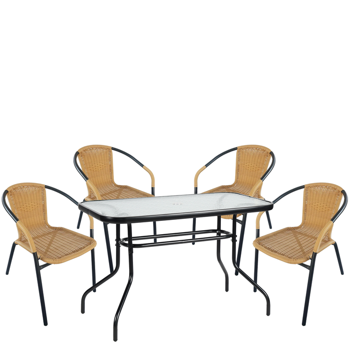 Σετ Τραπεζαρία Κήπου VULCAN Μαύρο/Μπεζ Rattan/Γυαλί/Μέταλλο Με 4 Πολυθρόνες